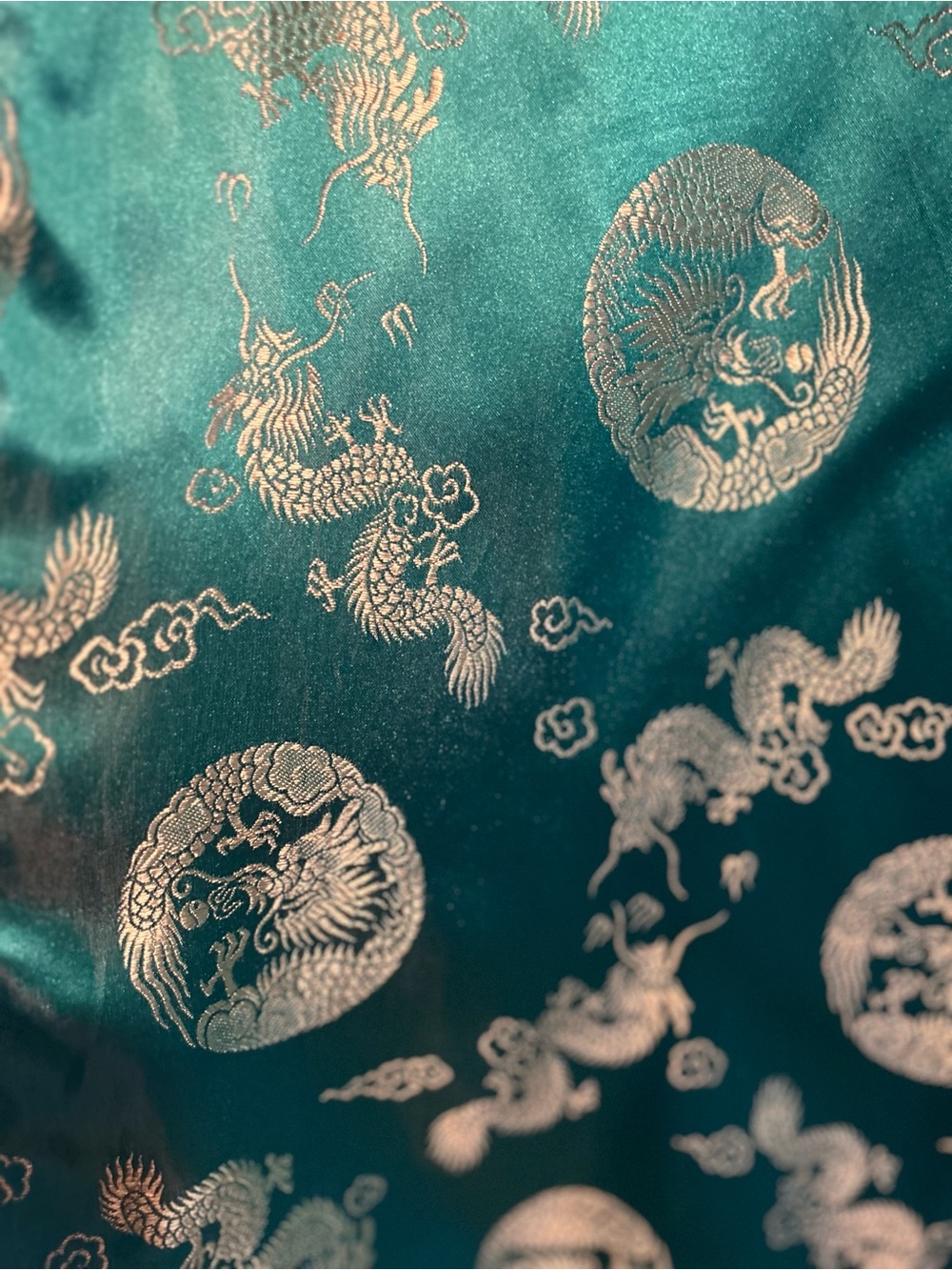Vintage Esme Chinese Dragon Satin Kimono Robe Turquoise Gold Brocade Size M - Picture 6 of 7